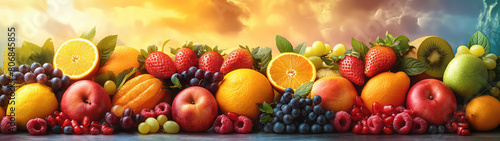 fresh fruits paradise. vibrant colors  such as shades of orange  yellow  and green  to represent the variety of fresh fruits in the Jam. images of nature  exotic fruits  and sunny skie  Generative AI