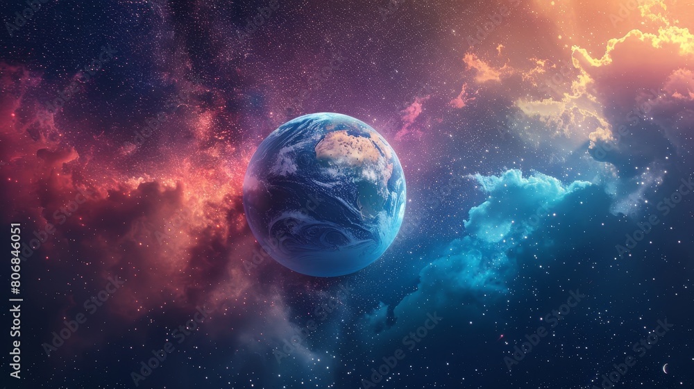 The image shows a beautiful planet Earth with a colorful and vibrant background.
