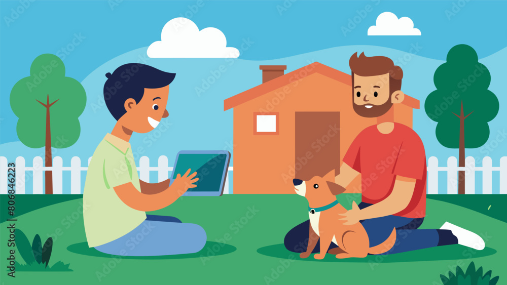 A man and child standing in their backyard with their dog using a video call to show the vet a swollen paw and ask for advice on how to treat it at. Vector illustration