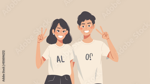 Young couple in tshirts showing OK on beige background