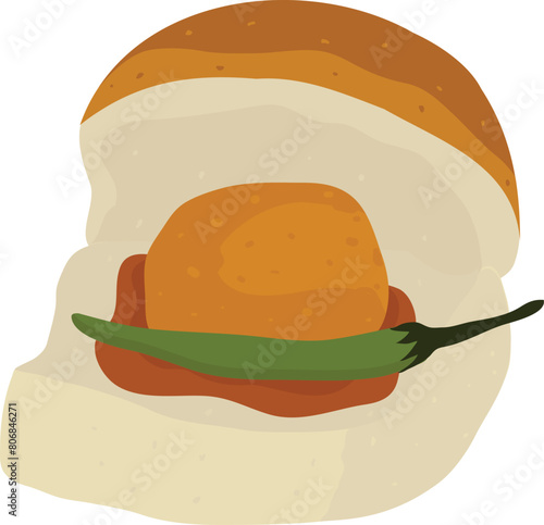 Indian street food Vada Pav vector Illustration, Indulge in the flavors of Indian streets with this Vada Pav vector illustration. Perfect for menus, posters, or culinary designs and more	