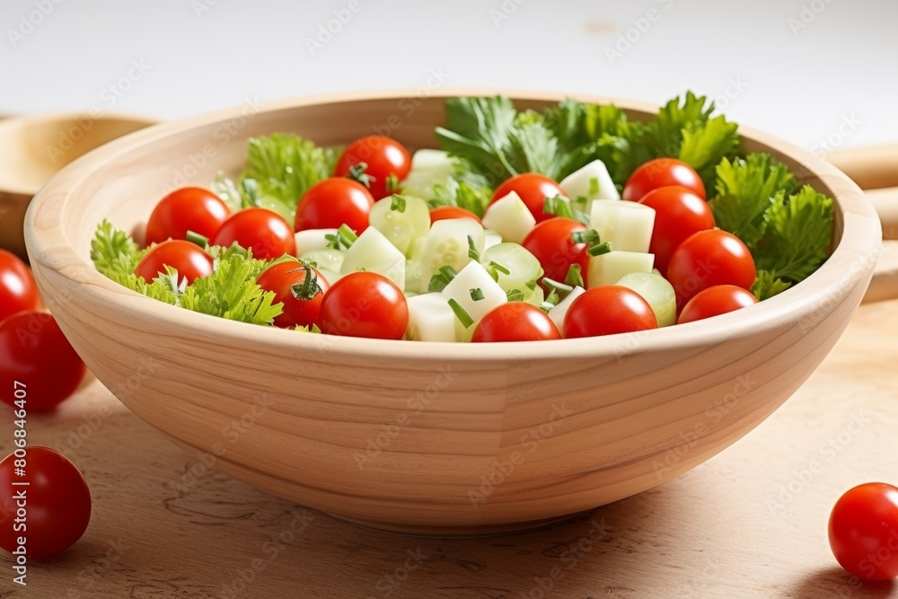 Set against a pristine white studio background, a wooden bowl showcases a colorful vegetable salad composed of tomatoes, cucumbers, lettuce, onions, olives, and bell peppers. Set against a pristine white studio background, a wooden bowl showcases a colorful vegetable salad composed of tomatoes, cucumbers, lettuce, onions, olives, and bell peppers.