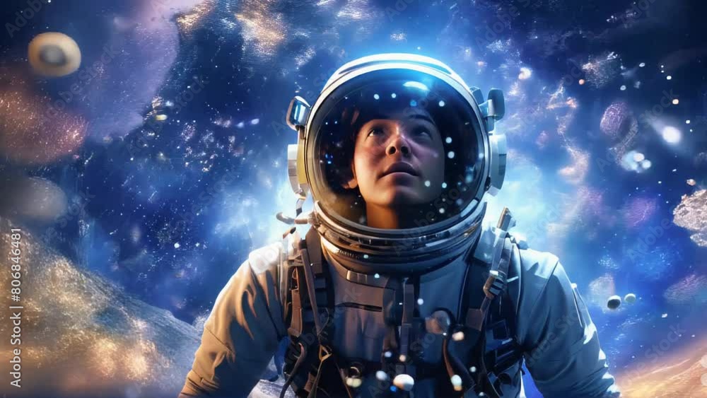 A golden teenage astronaut floats in the abyss of space, surrounded by a cosmic ocean of galaxies and nebulae forming unique constellations A golden teenage astronaut floats in the abyss of space, surrounded by a cosmic ocean of galaxies and nebulae forming unique constellations