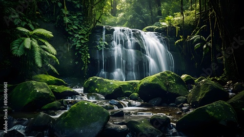 Panoramic view of beautiful waterfall in tropical rainforest, Bali, Indonesia