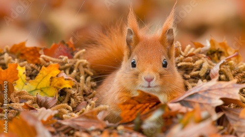   A tight shot of a squirrel amidst a mound of orange and yellow leaves  background faintly blurred with autumnal hues