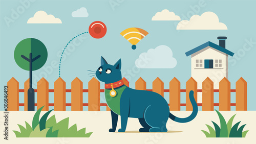 A GPSenabled collar for outdoor cats connecting to a virtual fence system to keep them safely within the designated area.. Vector illustration