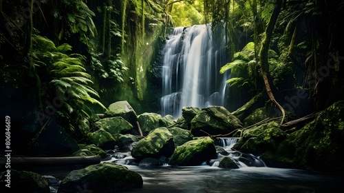 Panorama of a waterfall in tropical rainforest. Long exposure.