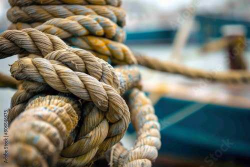 Close-up of a heart-shaped knot in a sturdy rope against a blurred background.. Beautiful simple AI generated image in 4K, unique.