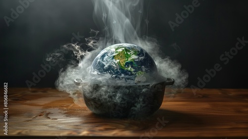 The image shows a planet Earth inside a cracked bowl with smoke coming out of it photo