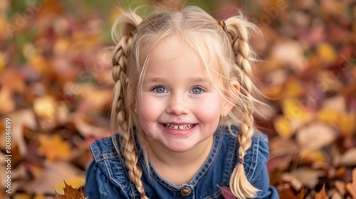  A little girl sits in a mound of leaves, her pig-tailed hair framing her face as she smiles at the camera