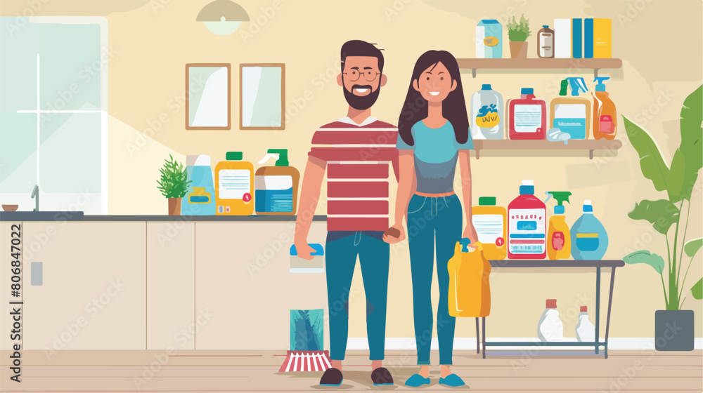 Young couple with cleaning supplies at home style