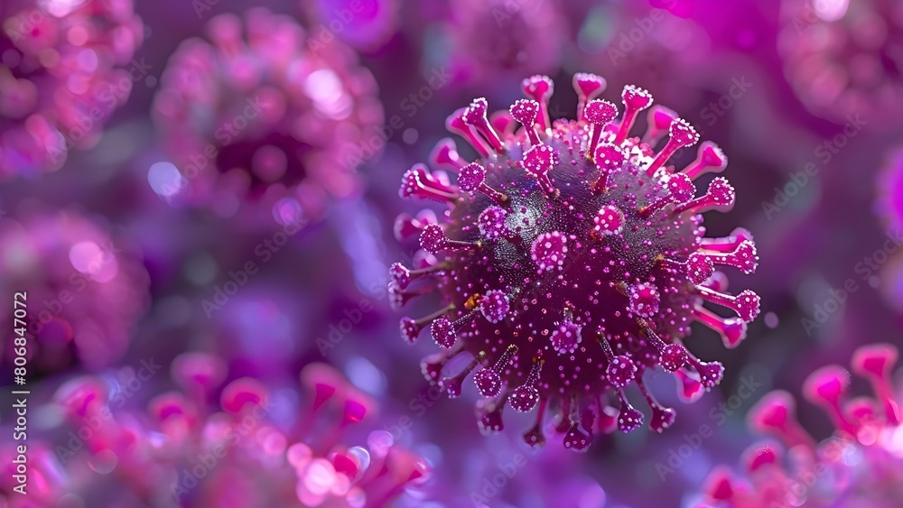 Herpes viruses portrayed in D rendering against a purple background in a microscope view
