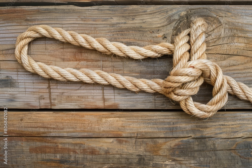 Obraz premium Close-up of a heart-shaped knot in a sturdy rope against a blurred background.. Beautiful simple AI generated image in 4K, unique.