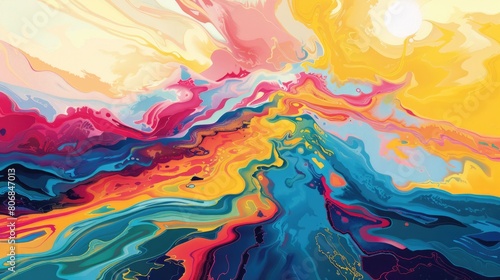 A closeup of a vibrant abstract painting depicting a magenta wind wave pattern, resembling a liquid landscape. The colors blend like water in motion AIG50