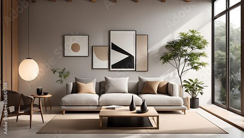  Japandi minimalist interior design of modern living room, home. 