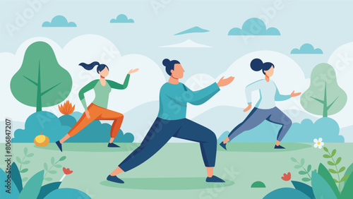 A peaceful energy fills the garden as the Tai Chi group moves in slow fluid motions under the guidance of their instructor.. Vector illustration