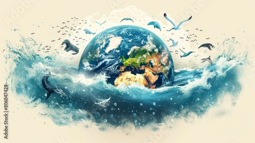 The image shows the earth with a beautiful watercolor splash of blue and green colors. The earth is surrounded by dolphins and birds. The image is very calming and peaceful.