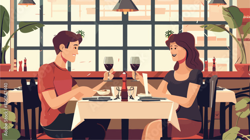 Young couple with menu sitting in restaurant style
