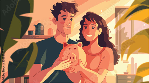 Young couple with piggy bank closeup style vector