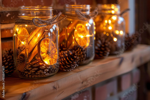 Mason jars are arranged on a mantelpiece beside a cozy fireplace. Inside each jar, warm-toned fairy lights create a soft, flickering glow. The jars are filled with pine cones and cinnamon sticks, photo