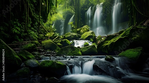 Panoramic view of a waterfall in the forest. Long exposure.