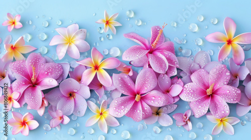 Beautiful plumeria flowers covered in dew drops arranged on a blue background, creating a fresh and tranquil scene.