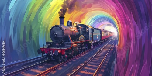 An aged locomotive, bedecked in Pride colors, steams through a vibrant rainbow passage in a simple, frontal illustration. photo