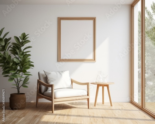 Simple wooden frame mockup in a minimalist room with high ceilings and large, airy windows, © FoxGrafy