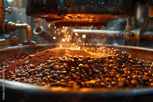 Coffee beans roasting in a machine  releasing aroma