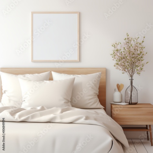 Mockup of a white pillow cover on a bed in a warm morning lit bedroom  showcasing a blank and versatile design space.