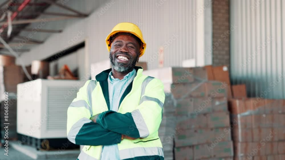 Happy, black man and manager with confidence in logistics for inventory, shipping or export and import business. Portrait of African engineer or contractor with smile and hard hat in supply chain Happy, black man and manager with confidence in logistics for inventory, shipping or export and import business. Portrait of African engineer or contractor with smile and hard hat in supply chain