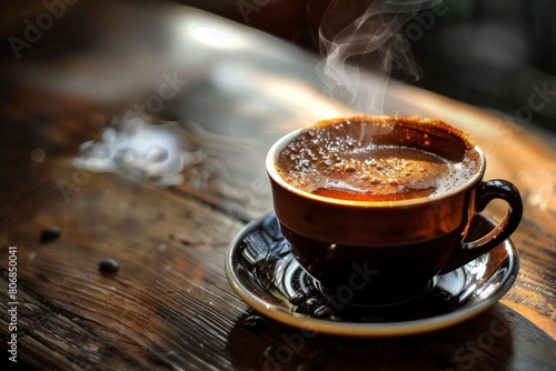 Red cup of cappuccino and chocolate on the table close-up. Food photo.. Beautiful simple AI generated image in 4K, unique.