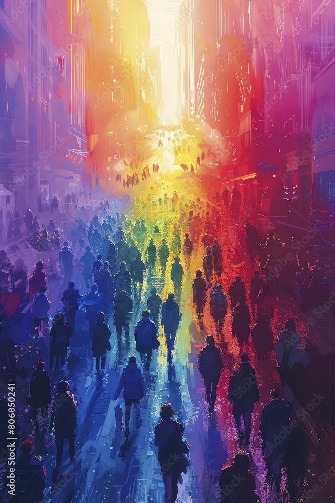 Dramatic aerial view of a crowded festival street, painted in the colors of the trans flag, illustration style, in straight front portrait minimal.
