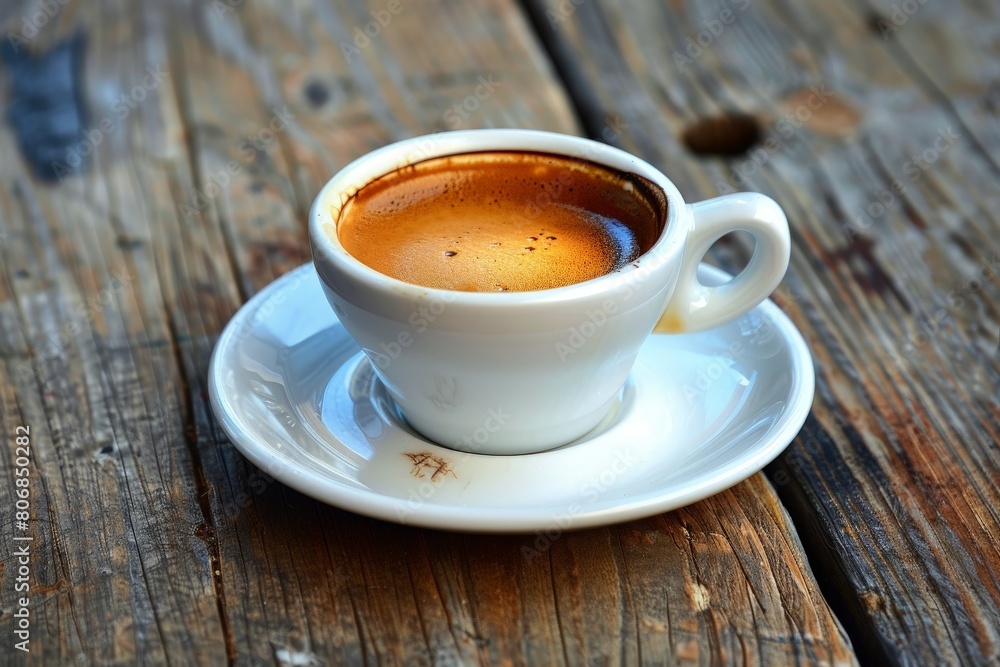 Fototapeta premium A black coffee cup with espresso coffee stands on a wooden table. close-up. Beautiful simple AI generated image in 4K, unique.