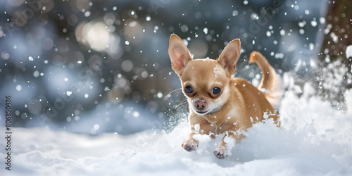 Chihuahua in the snow, cute small dog enjoying winter outdoors, adorable pet in snowy landscape, Generative Ai