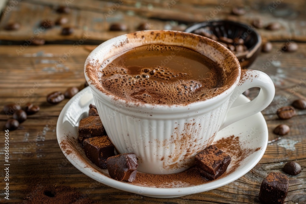 Fototapeta premium A black coffee cup with espresso coffee stands on a wooden table. close-up. Beautiful simple AI generated image in 4K, unique.