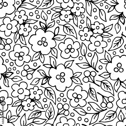 Simple floral black and white vector seamless pattern in doodle style. Black outline of flowers, leaves. For fabric prints, textile products, packaging, stationery.