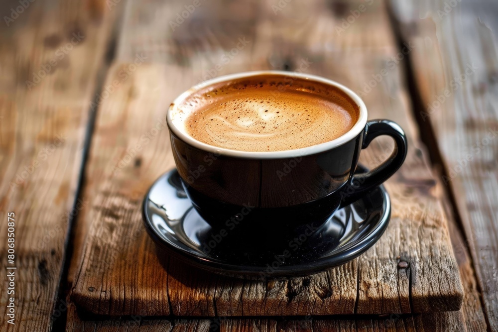 Obraz premium A black coffee cup with espresso coffee stands on a wooden table. close-up. Beautiful simple AI generated image in 4K, unique.