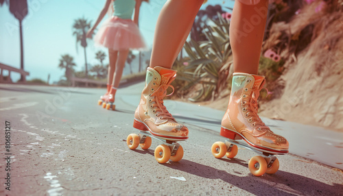 Retro roller fit girl skates on road, with blurred figure skating in background. The image evokes nostalgic and carefree vibe of outdoor roller skating. Active people in Peach Fuzz colors photo