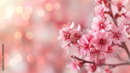   A tight shot of a pink blossom on a branch against a background of soft  out-of-focus light