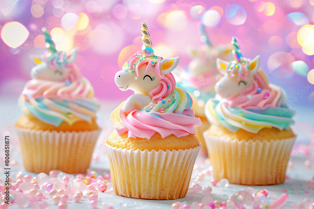 pastel unicorn themed cupcakes with cute unicorns toppings on a bright pastel background with bokeh and copy space pastel unicorn themed cupcakes with cute unicorns toppings on a bright pastel background with bokeh and copy space