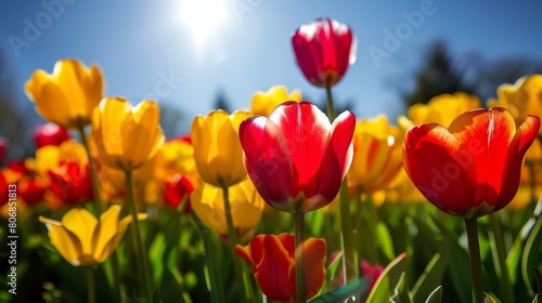   A field filled with red and yellow tulips Sun shines through the clouds in background