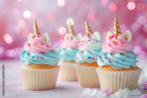pastel unicorn themed cupcakes with cute unicorns toppings on a bright pastel  background with bokeh and copy space 