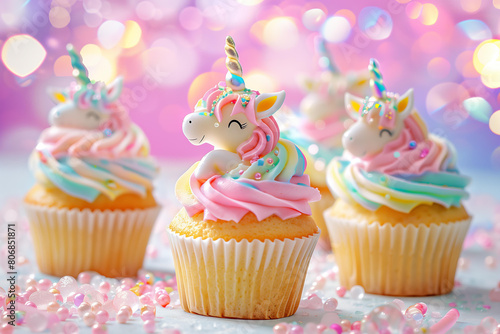 pastel unicorn themed cupcakes with cute unicorns toppings on a bright pastel background with bokeh and copy space 