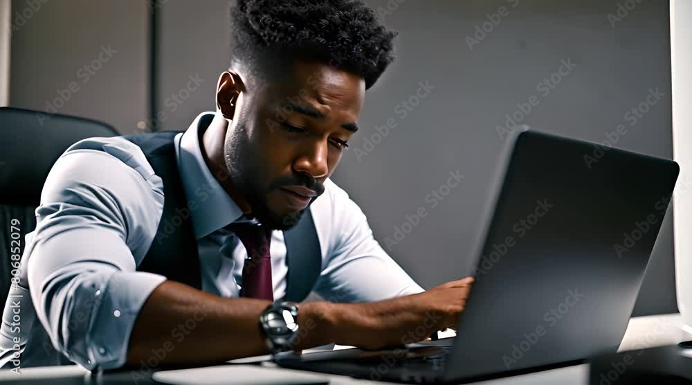 The Struggle of Work: Exhausted and Stressed African American Businessman Working Late, Expressing Fatigue and Frustration in a Corporate Setting.
The Struggle of Work: Exhausted and Stressed African American Businessman Working Late, Expressing Fatigue and Frustration in a Corporate Setting.