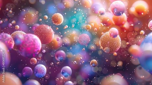 Detailed image of various multicolored pollen particles in a vibrant bokeh background