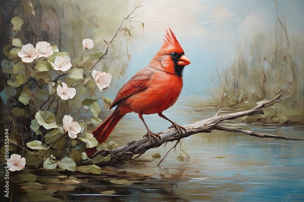 Abstract Oil Painting Of Cardinal Landing In Marsh With Soft Colors. the painting depicts a white and blue bird pecking on a branch in the wild Abstract Oil Painting Of Cardinal Landing In Marsh With Soft Colors. the painting depicts a white and blue bird pecking on a branch in the wild
