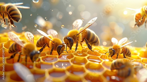 Closeup of honey bees on honeycomb with water droplets in a sunlit environment photo