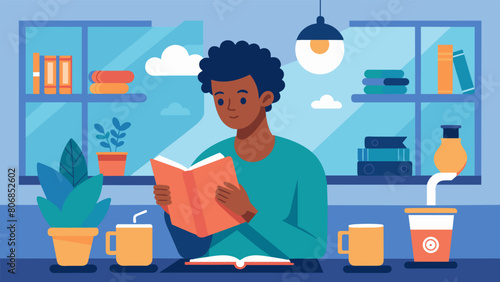 In a crowded coffee shop a Gen Z individual sits contently with a book and a cup of tea taking the time to savor each page and sip..
