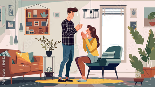 Young man proposing to his girlfriend at home photo